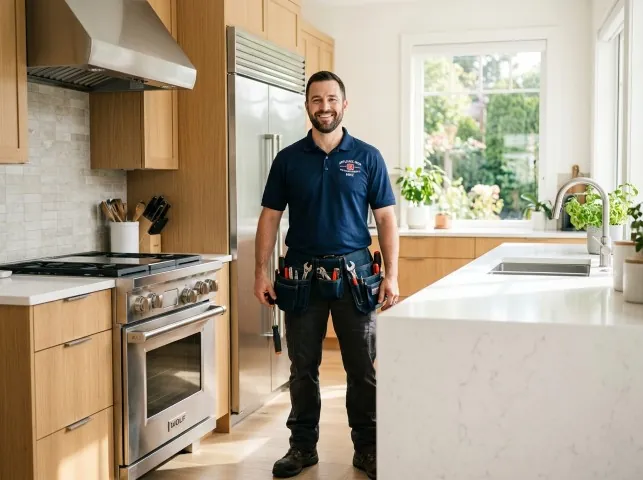 Appliance Repair Hero technician in a Baldwin, NY kitchen after an appliance repair