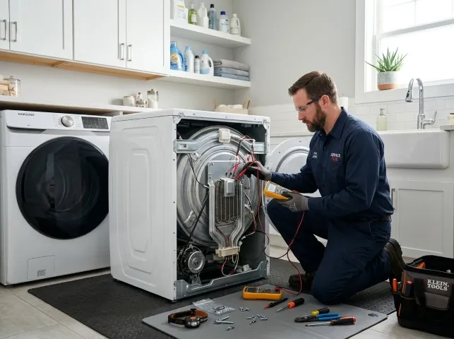Appliance Repair Hero technician checking a dryer heating element with the rear panel off in Baldwin, NY