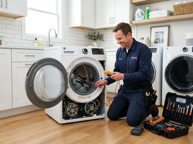 Appliance Repair Hero technician testing a front-load washer with a multimeter on a Baldwin, NY service call
